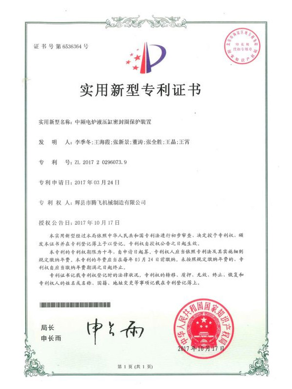 中频电炉液压缸密封圈保护装置-实用新型专利证书